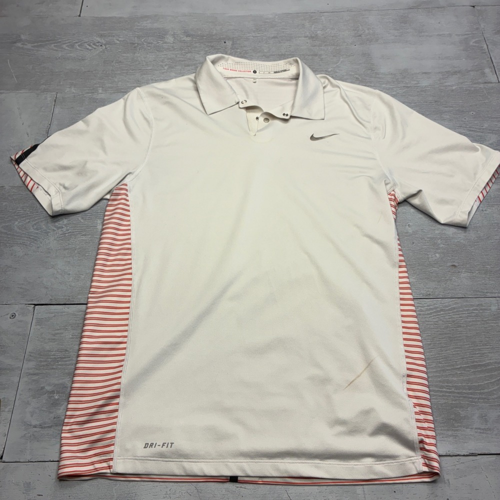 Nike Tiger Woods Collection Golf Polo Mens Small White Orange Striped 585786-100